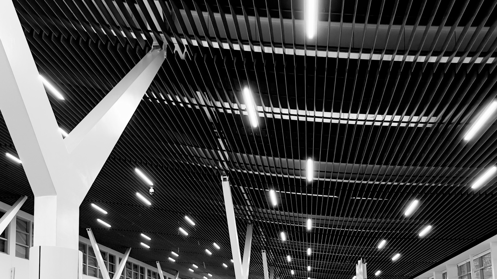 Airport departure terminal ceiling with lights and structural beams