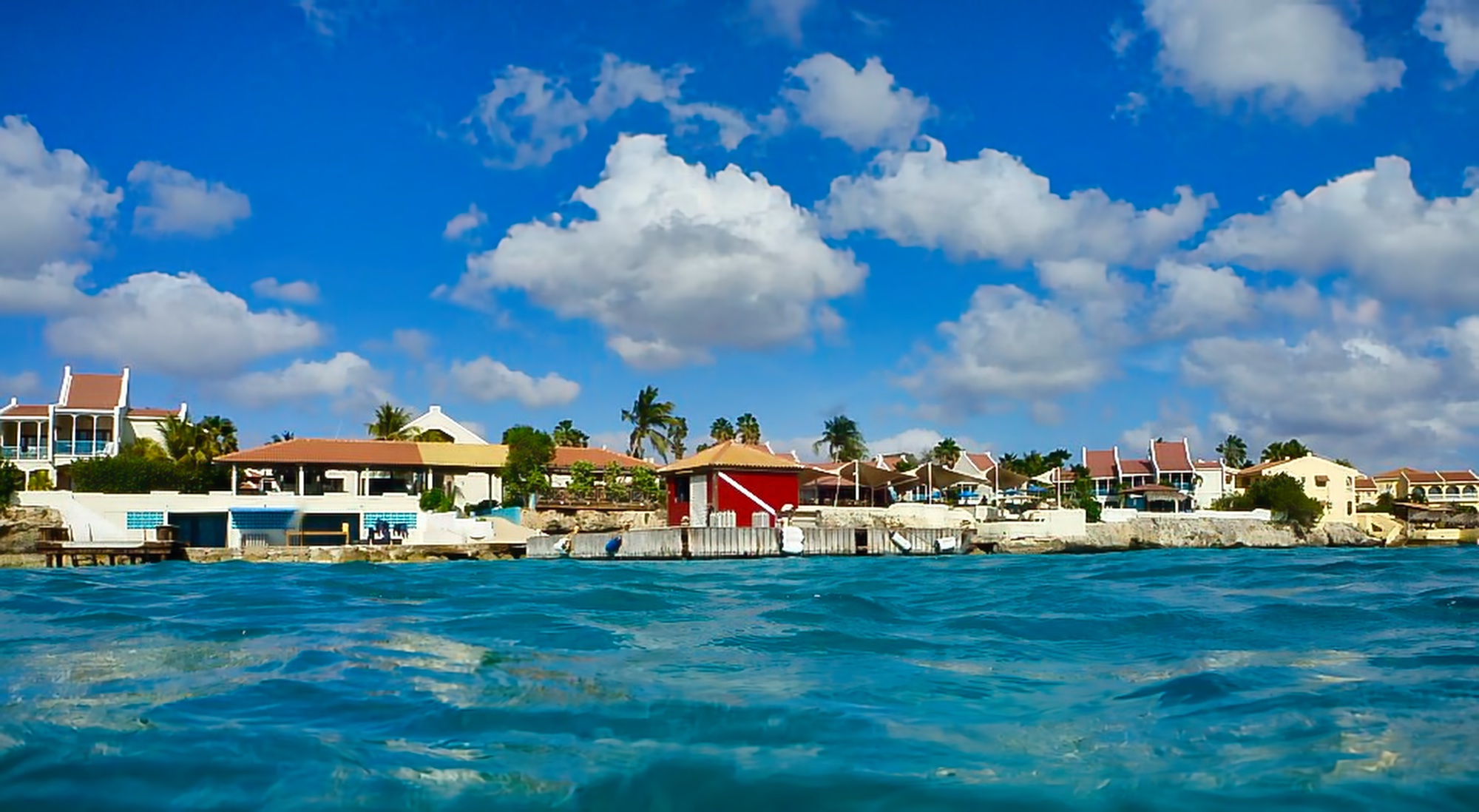 View of Captain Don’s Habitat from the water in Bonaire